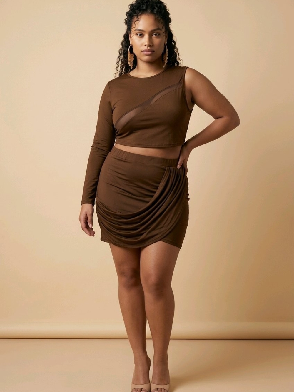 SHEIN Curve 2XL Brown Asymmetrical Top & Ruched Mini Skirt Set